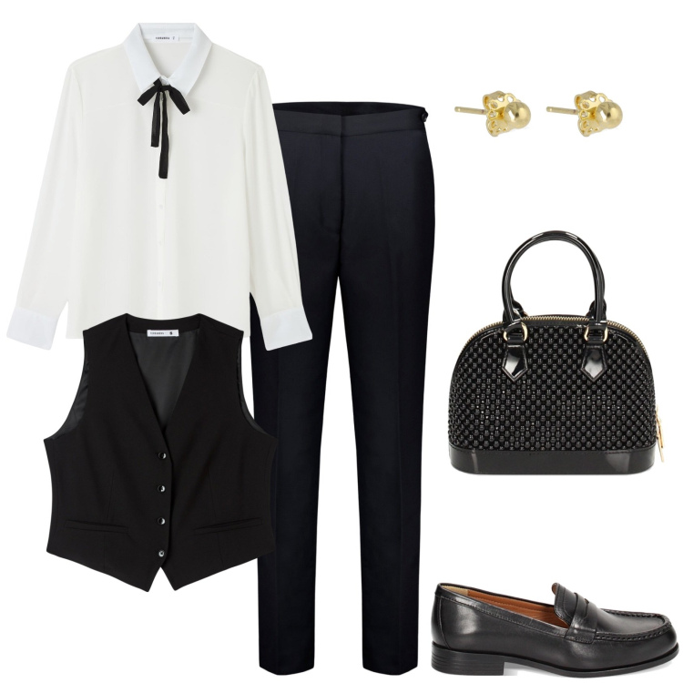 Outfit donna - Mannish. Stile Mannish per Ufficio. Abbinamento con gilet, camicie, mocassini, borse a mano, pantaloni, orecchini.