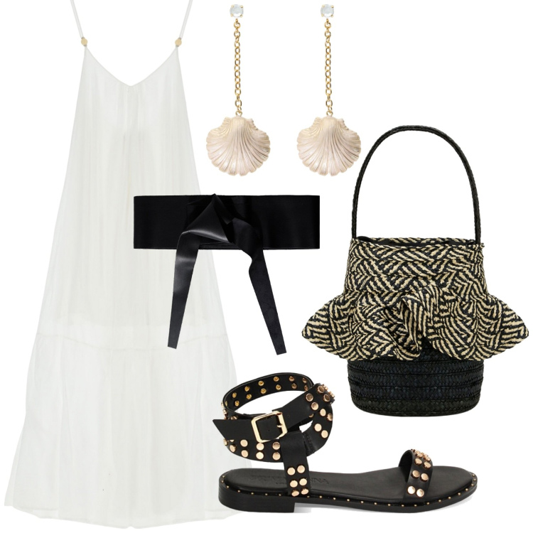 Outfit donna - Total look #1880513. Stile Trendy per Tutti i giorni. Abbinamento con vestiti lunghi, cinture, sandali, borse a secchiello, orecchini.