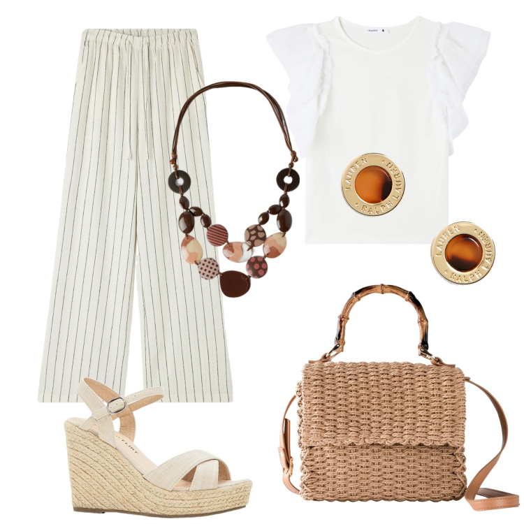 Outfit donna - Pantaloni di lino a righe. Stile Casual per Tutti i giorni. Abbinamento con sandali, borse a mano, pantaloni, t-shirt, orecchini, collane.