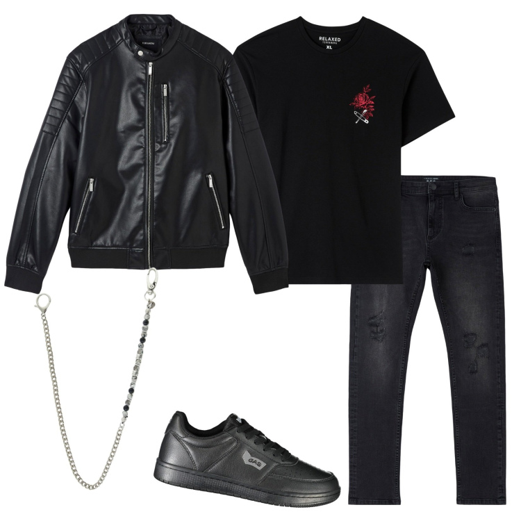 Outfit uomo - Fuori con gli amici. Stile Biker Rock per Serata speciale. Abbinamento con jeans strappati, t-shirt, giacche, collane, sneakers.