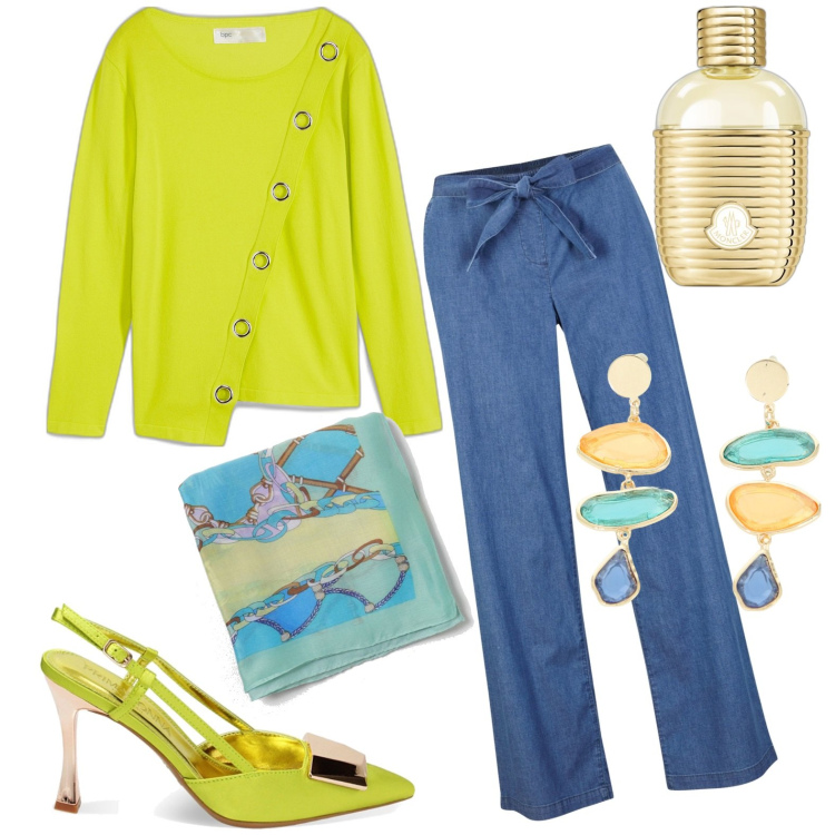 Outfit donna - Casual chic. Stile Casual chic per Tutti i giorni. Abbinamento con maglieria, pantaloni, profumi, décolleté, orecchini, foulard.