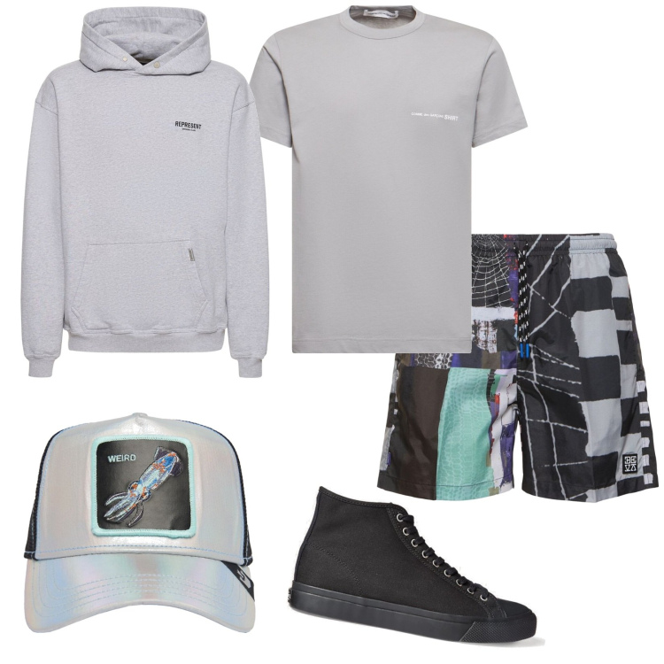 Outfit uomo - Teenager. Stile Urban per Tutti i giorni. Abbinamento con sneakers, cappelli, t-shirt, shorts, felpe con cappuccio.
