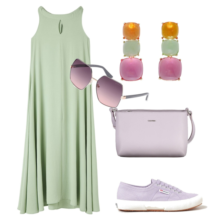 Outfit donna - Gli accessori lilla. Stile Basic per Tutti i giorni. Abbinamento con vestiti senza maniche, orecchini, sneakers, occhiali da sole, borse a tracolla.
