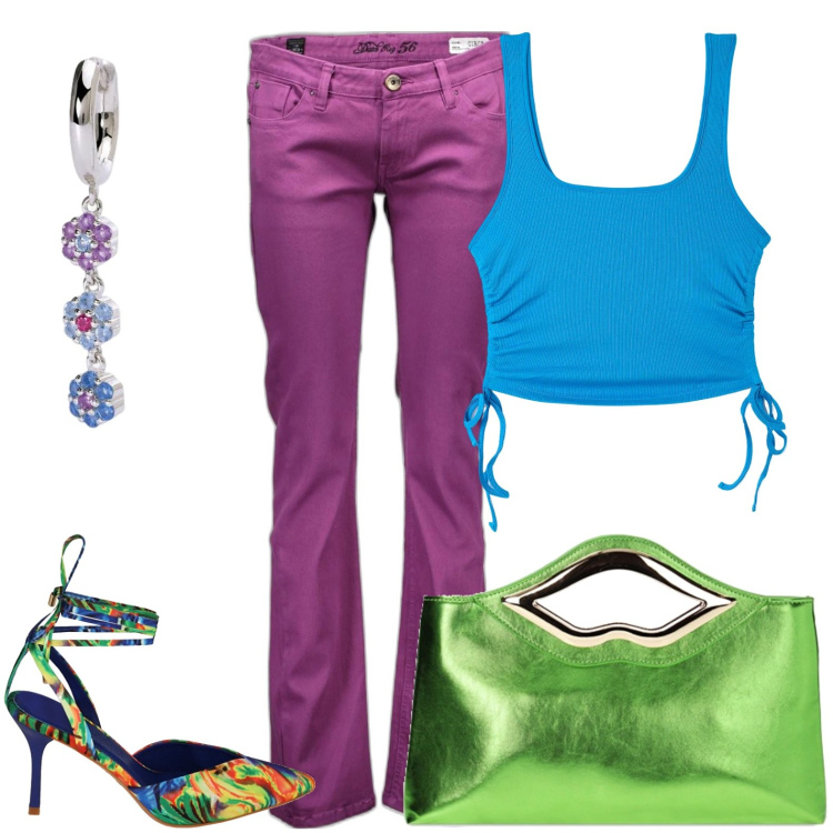 Outfit donna - Lilla speciale. Stile Glamour per Tutti i giorni. Abbinamento con canottiere, orecchini, décolleté, pochette, pantaloni.