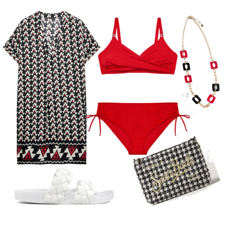 Outfit donna - Costume rosso. Abbinamento con ciabatte, vestiti midi/longuette, bikini, clutch, ciondoli.