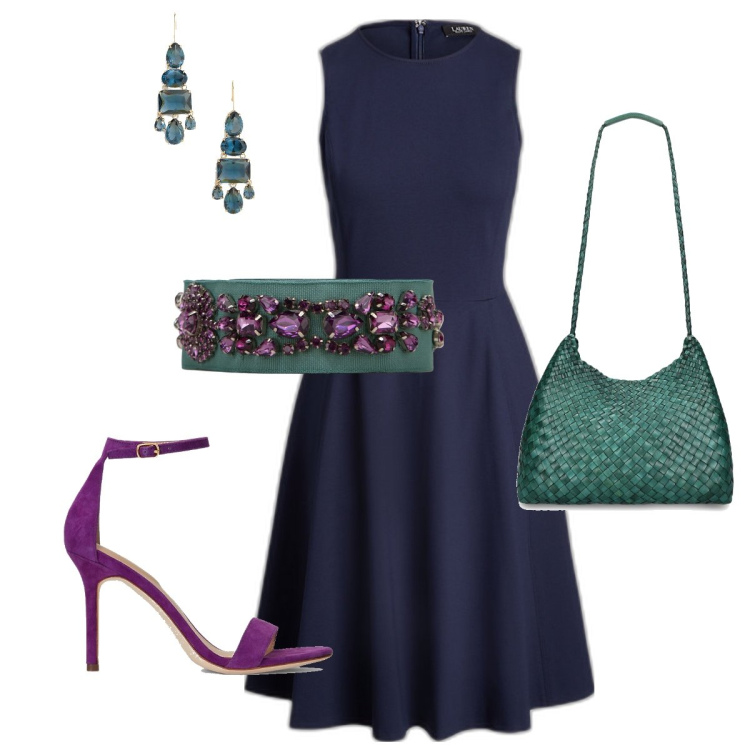 Outfit donna - Cintura gioiello. Stile Glamour per Serata fuori. Abbinamento con cinture, vestiti senza maniche, sandali col tacco, orecchini, borse a spalla.