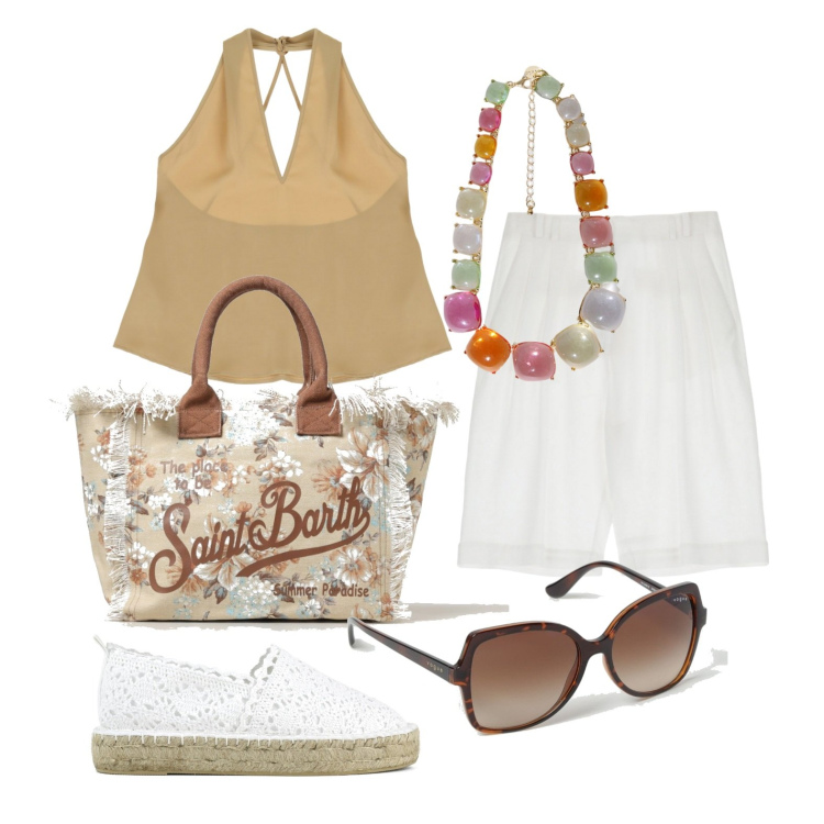 Outfit donna - Ghost outfitter - maggio. Stile Trendy per Mare. Abbinamento con bermuda, top, collane, espadrillas, borse tote, occhiali da sole.