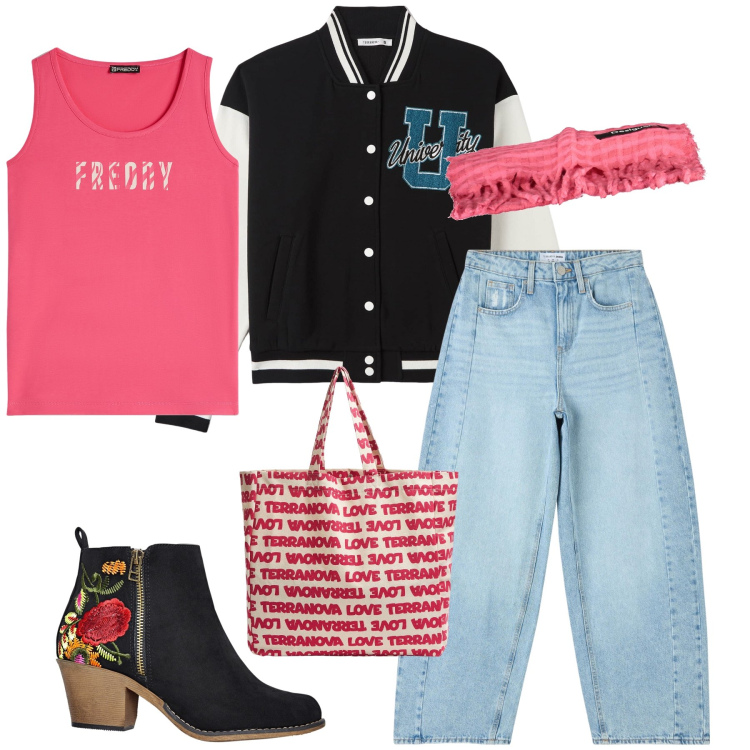Outfit donna - Total look piovoso. Stile Basic per Tutti i giorni. Abbinamento con stivaletti, jeans, bomber, borse tote, canottiere, sciarpe.