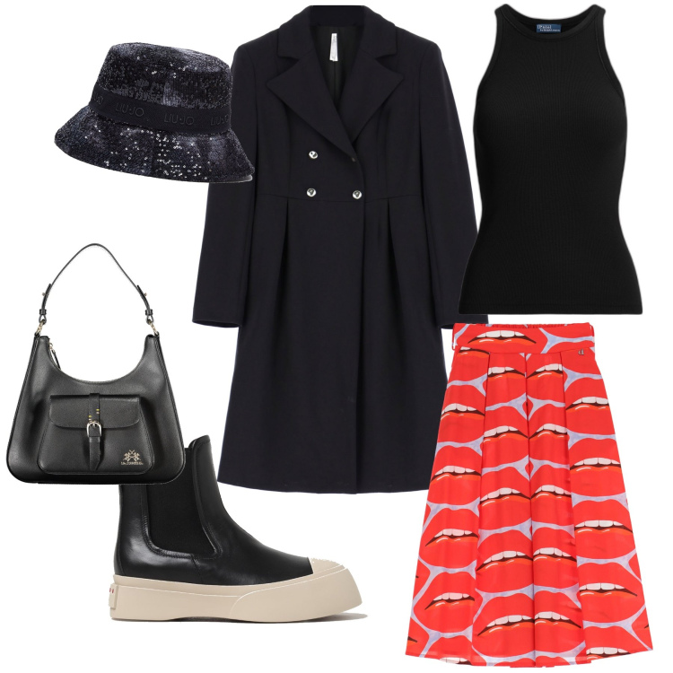Outfit donna - Un po’ di colore sotto la pioggia. Stile Basic per Tutti i giorni. Abbinamento con cappotti, canottiere, gonne longuette, borse a spalla, stivaletti, cappelli.