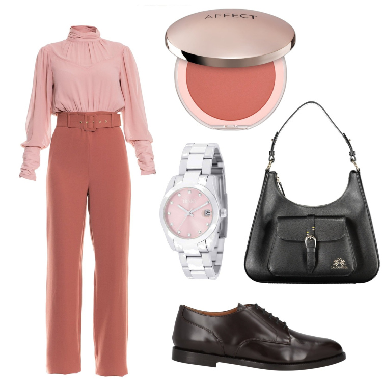 Outfit donna - La tuta. Stile Vintage retrò per Ufficio. Abbinamento con scarpe stringate, blush, tute, orologi, borse a spalla.