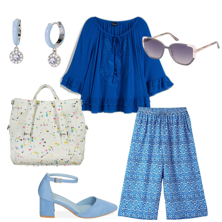Outfit donna - Casual chic. Stile Casual chic per Tutti i giorni. Abbinamento con tuniche, pantaloni a palazzo, orecchini, décolleté, occhiali da sole, borse a spalla.