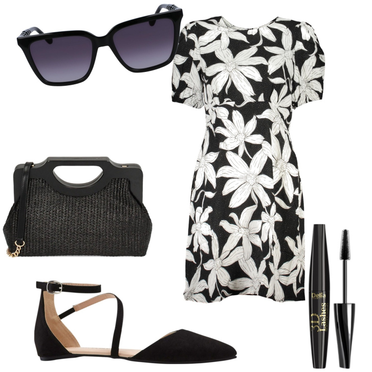 Outfit donna - Invitata a pranzo. Stile Chic per Tutti i giorni. Abbinamento con ballerine, mascara, borse a mano, vestiti corti, occhiali da sole.