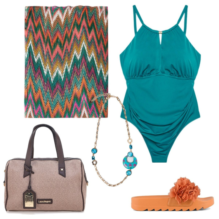 Outfit donna - Total look #1880675. Stile Chic per Mare. Abbinamento con ciabatte, costumi interi, vestiti da spiaggia, ciondoli, borse a mano.