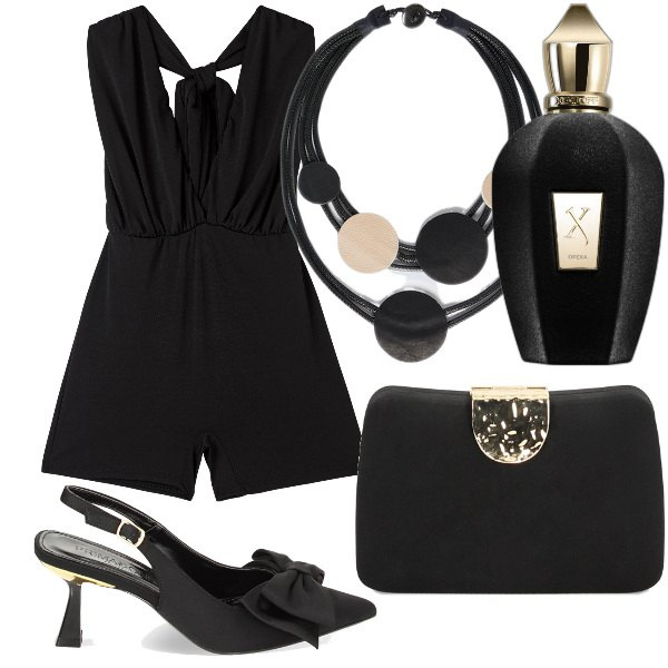 Outfit donna - Total look #1880719. Stile Sexy per Serata fuori. Abbinamento con profumi, tuta corta, clutch, décolleté, collane.