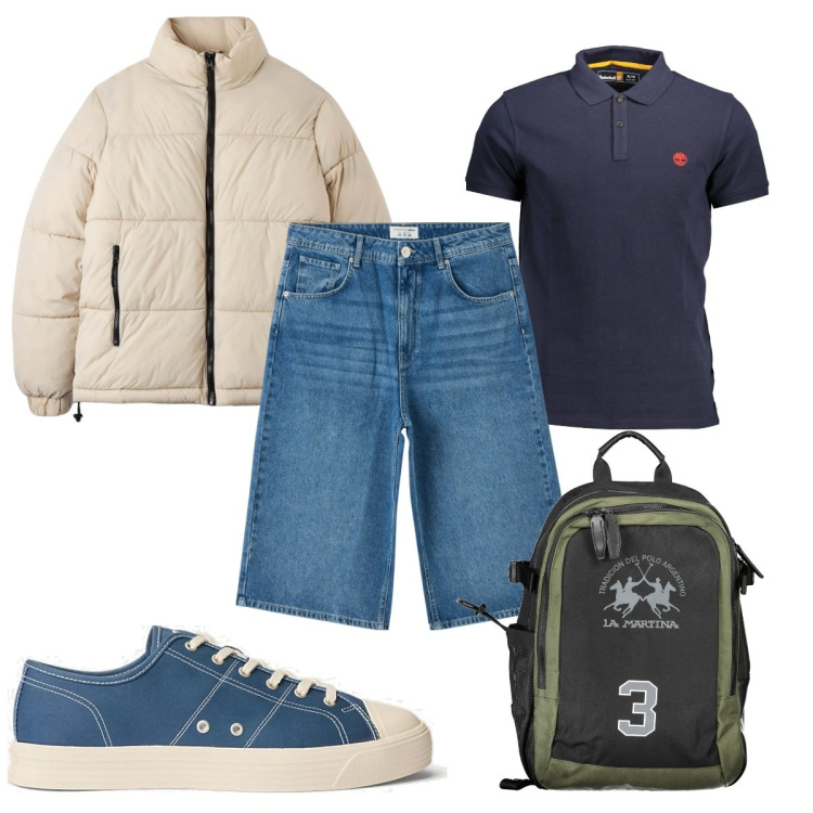 Outfit uomo - Total look #1880723. Stile Trendy per Tutti i giorni. Abbinamento con pantaloni corti, piumini, sneakers, polo, borse sportive.