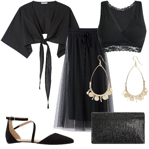 Outfit donna - Total look #1880724. Stile Romantica per Serata fuori. Abbinamento con reggiseni, ballerine, gonne lunghe, camicie, orecchini, pochette.