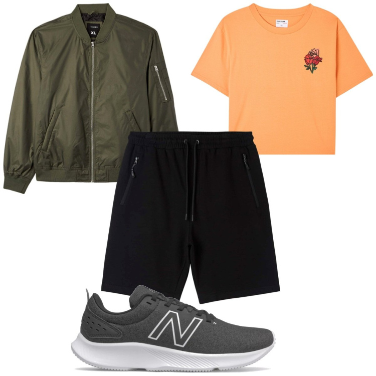 Outfit uomo - Total look #1880733. Stile Trendy per Tutti i giorni. Abbinamento con pantaloncini sportivi, t-shirt, bomber, sneakers.