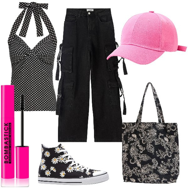 Outfit donna - Total look #1880734. Stile Urban per Tutti i giorni. Abbinamento con sneakers alte, top, mascara, jeans, shopping bag, cappelli.