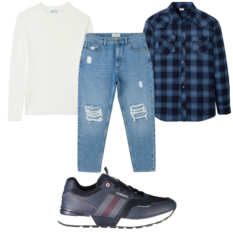 Outfit uomo - Total look #1880736. Stile Trendy per Tutti i giorni. Abbinamento con camicie, jeans strappati, maglieria, sneakers.