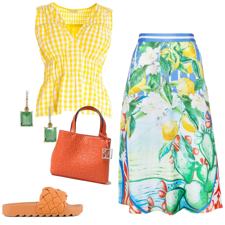 Outfit donna - Total look #1880751. Stile Etnico per Tutti i giorni. Abbinamento con gonne longuette, top, orecchini, ciabatte, borse a mano.