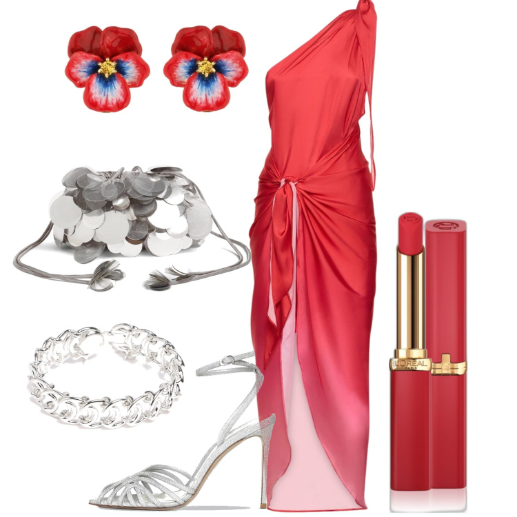 Outfit donna - Glamour in rosso. Stile Glamour per Serata fuori. Abbinamento con orecchini, rossetti, vestiti, borse a spalla, sandali col tacco, braccialetti.