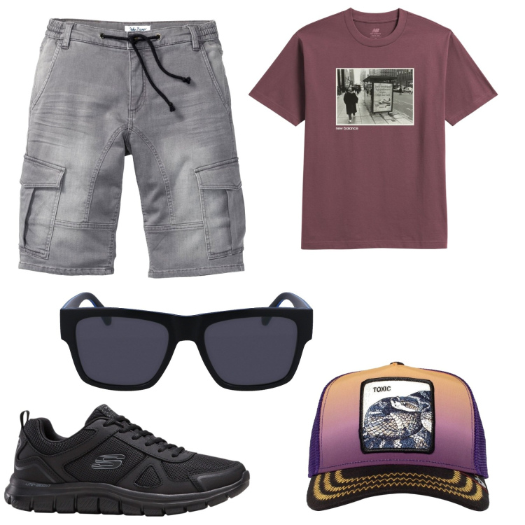 Outfit uomo - Weekend in campagna. Stile Urban per Tutti i giorni. Abbinamento con bermuda, sneakers, t-shirt, cappelli, occhiali da sole.