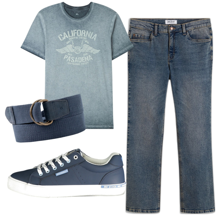 Outfit uomo - Total look #1880794. Stile Casual per Tutti i giorni. Abbinamento con jeans bootcut, t-shirt, sneakers, cinture.