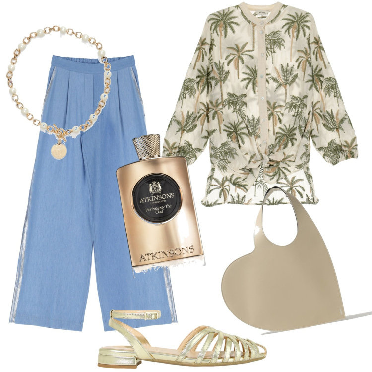Outfit donna - Total look #1880815. Stile Casual chic per Tutti i giorni. Abbinamento con profumi, jeans, sandali in pelle, camicie, collane, borse tote.