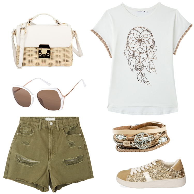 Outfit donna - Total look #1880825. Stile Casual per Tutti i giorni. Abbinamento con braccialetti, occhiali da sole, shorts, t-shirt, sneakers, borse a tracolla.