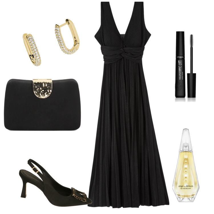 Outfit donna - Total look da sera. Stile Chic per Serata fuori. Abbinamento con profumi, mascara, vestiti lunghi, orecchini, clutch, décolleté.