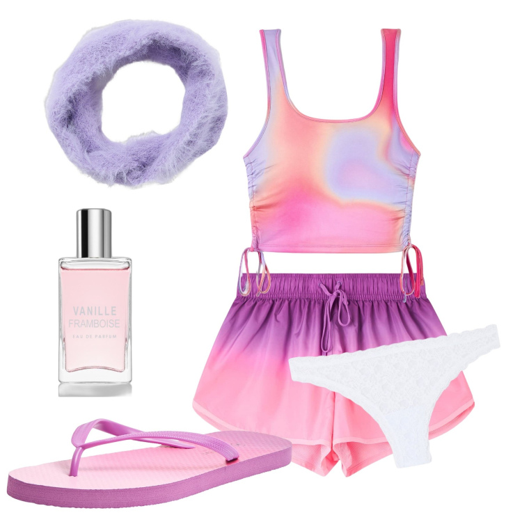 Outfit donna - In casa, ma profumata. Stile Romantica per Tutti i giorni. Abbinamento con profumi, canottiere, shorts, culotte, fasce per capelli, infradito.
