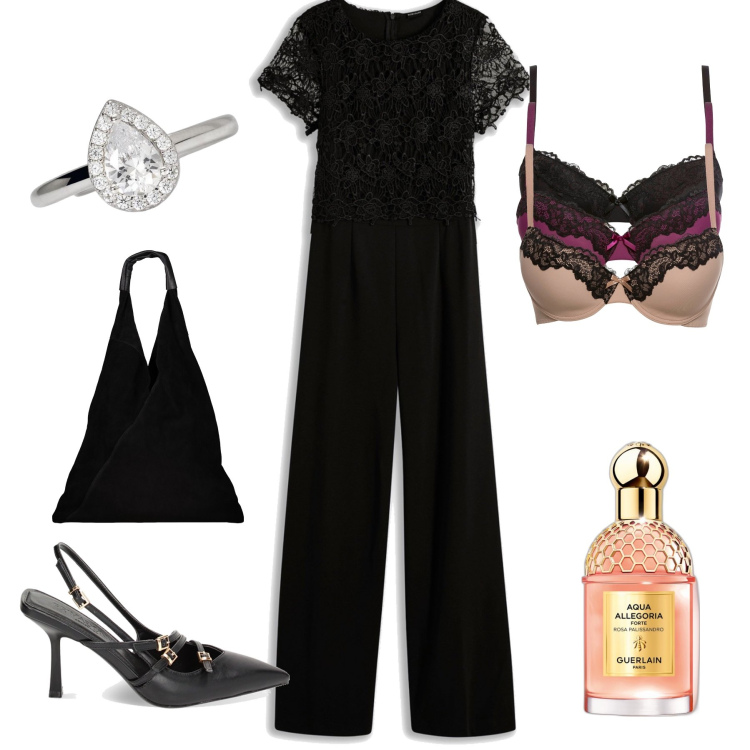 Outfit donna - Serata in tuta. Stile Glamour per Serata fuori. Abbinamento con tute, reggiseni, profumi, anelli, décolleté, borse a spalla.