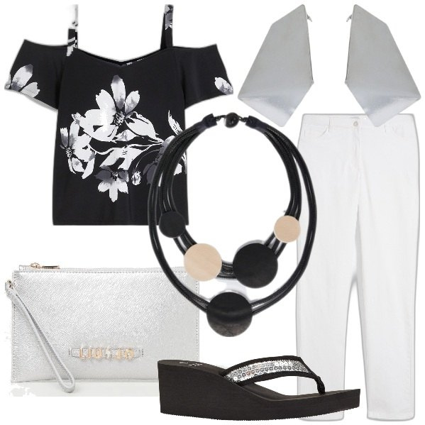 Outfit donna - Gioielli statement. Stile Glamour per Serata fuori. Abbinamento con pantaloni, infradito, maglieria, orecchini, clutch, collane.