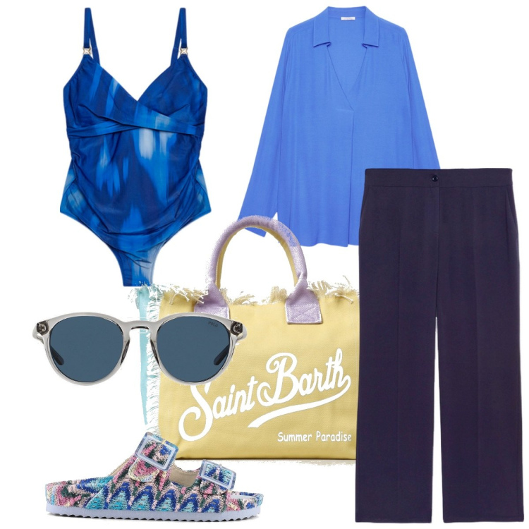 Outfit donna - Fiorella Rubino - beachwear. Stile Casual chic per Mare. Abbinamento con occhiali da sole, sandali, bluse, pantaloni, costumi interi, borse tote.