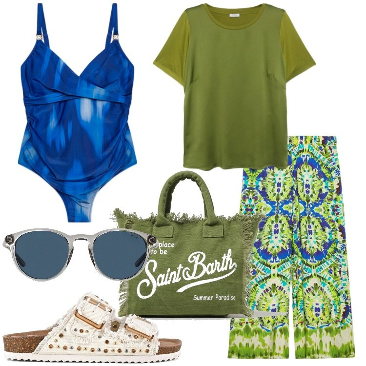 Outfit donna - Fiorella Rubino - Beachwear Collection. Stile Etnico per Mare. Abbinamento con occhiali da sole, sandali, pantaloni a palazzo, t-shirt, borse a spalla, costumi interi.