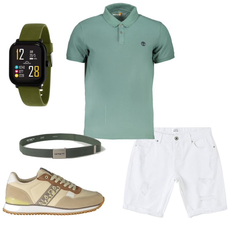 Outfit uomo - Polo e bermuda bianco. Stile Urban per Tutti i giorni. Abbinamento con orologi, bermuda, cinture, polo, sneakers.