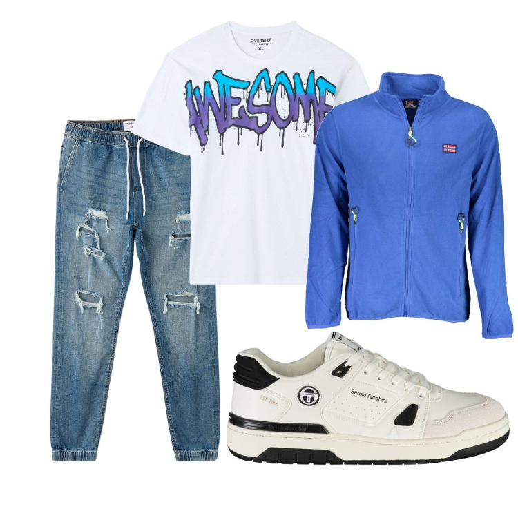 Outfit uomo - Total look #1880967. Stile Casual per Tutti i giorni. Abbinamento con t-shirt, jeans strappati, felpe, scarpe sportive.