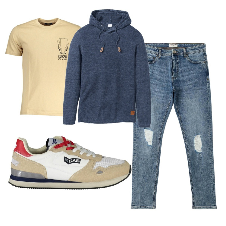 Outfit uomo - Total look #1880969. Stile Casual per Tutti i giorni. Abbinamento con maglieria, jeans strappati, scarpe sportive, t-shirt.