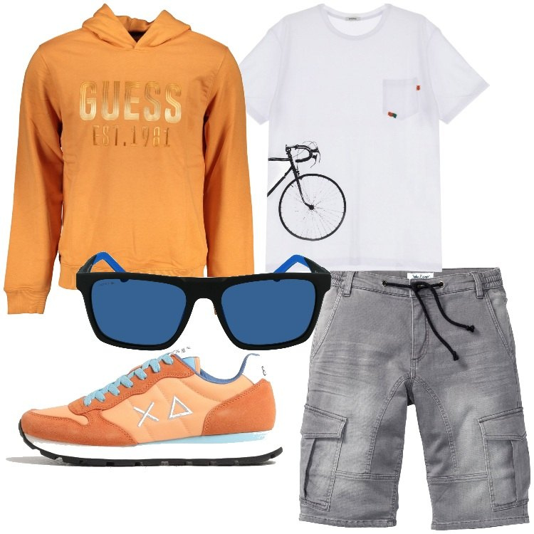 Outfit uomo - Weekend in campagna. Stile Casual per Tutti i giorni. Abbinamento con bermuda, t-shirt, felpe con cappuccio, sneakers, occhiali da sole.