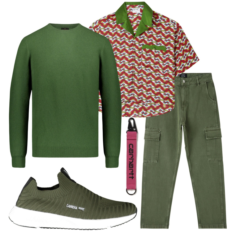 Outfit uomo - In città. Stile Trendy per Tutti i giorni. Abbinamento con camicie a manica corta, pantaloni cargo, portachiavi, maglieria, sneakers.