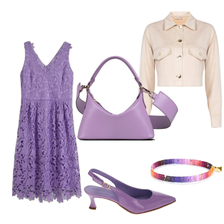 Outfit donna - Una bella serata fresca. Stile Casual chic per Serata fuori. Abbinamento con vestiti, braccialetti, blazer, décolleté, borse a mano.