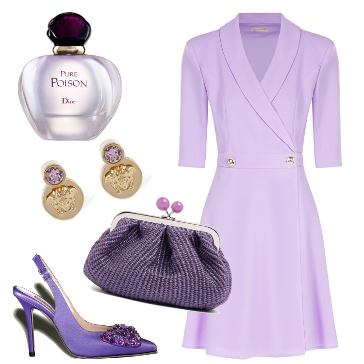 Outfit donna - Lilla bon ton. Stile Bon Ton per Cerimonia. Abbinamento con profumi, vestiti midi/longuette, pochette, décolleté, orecchini.