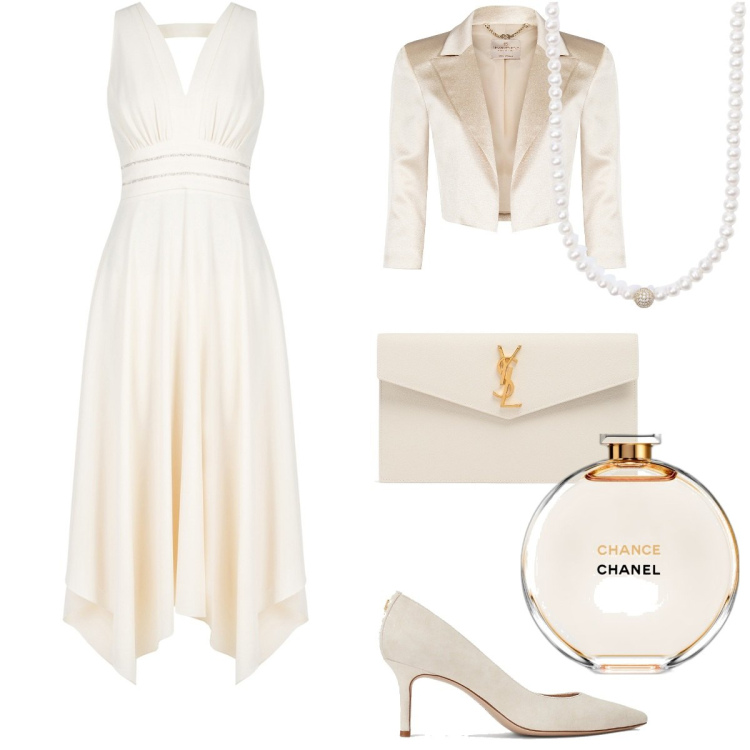 Outfit donna - Total look #1881050. Stile Chic per Cerimonia. Abbinamento con profumi, collane, bolero, vestiti midi/longuette, décolleté, pochette.