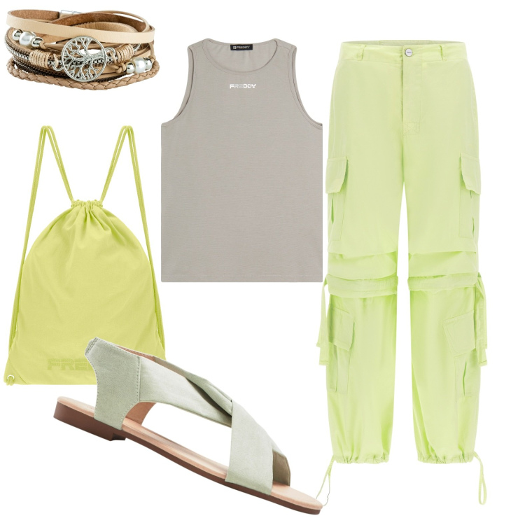 Outfit donna - Total look #1881051. Stile Casual per Tutti i giorni. Abbinamento con braccialetti, sandali, pantaloni cargo, zaini, canottiere.