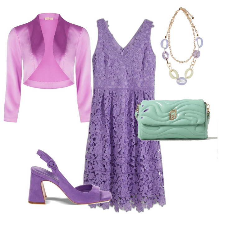 Outfit donna - Lilla che passione!!!!. Stile Glamour per Cerimonia. Abbinamento con vestiti, blazer, sandali col tacco, borse a tracolla, ciondoli.