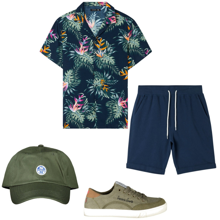 Outfit uomo - Holiday. Stile Casual per Tutti i giorni. Abbinamento con camicie a manica corta, shorts, sneakers, cappelli con visiera.