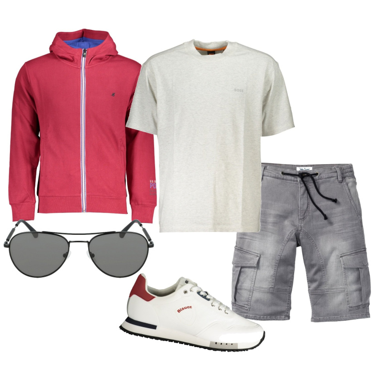 Outfit uomo - Free to be me. Stile Casual per Sport. Abbinamento con bermuda, sneakers, felpe con cappuccio, t-shirt, occhiali da sole.