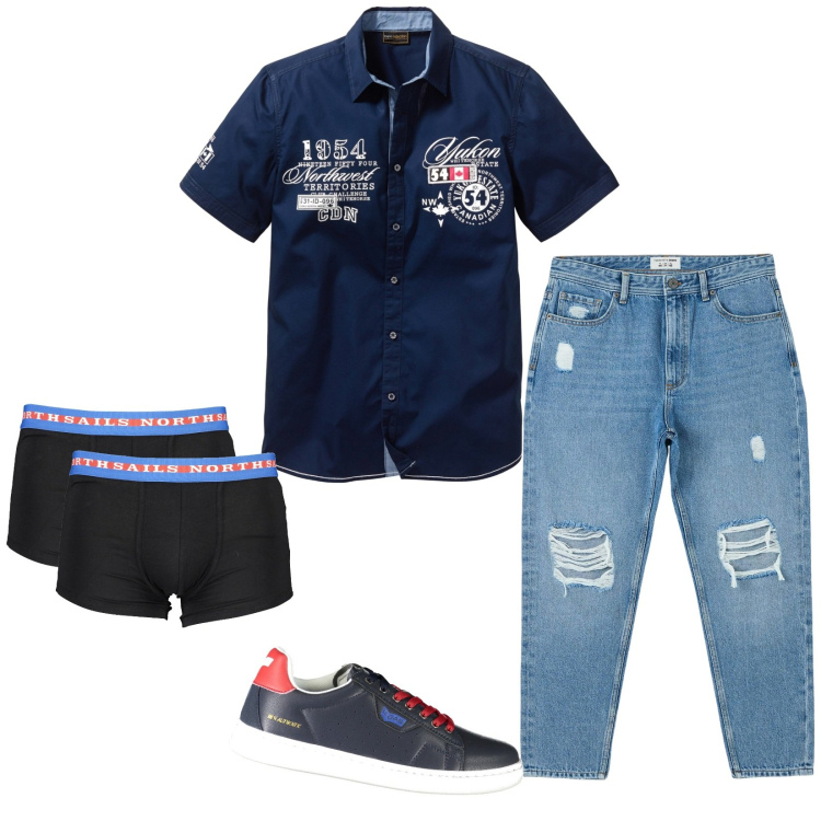 Outfit uomo - Total look #1881067. Stile Casual per Serata speciale. Abbinamento con camicie a manica corta, jeans strappati, sneakers, boxer.