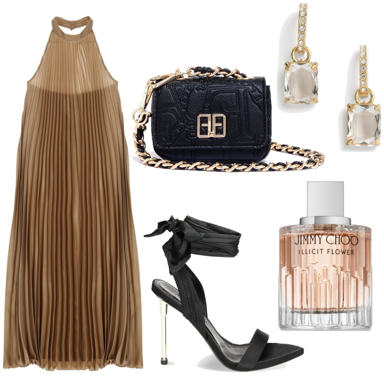 Outfit donna - Total look #1881100. Stile Glamour per Serata fuori. Abbinamento con profumi, marsupi, sandali col tacco, vestiti lunghi, orecchini.