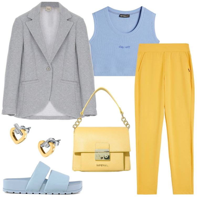 Outfit donna - Il top azzurro versatile. Stile Casual per Tutti i giorni. look ideale per Petite. Abbinamento con orecchini, pochette, top, pantaloni, blazer, ciabatte.